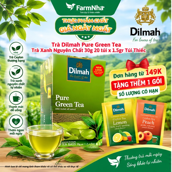 Trà Dilmah Pure Green Trà Xanh 30g 20 túix1.5g Túi Bạc Riêng Biệt - Tuyệt vời cho những ai yêu thích trà xanh
