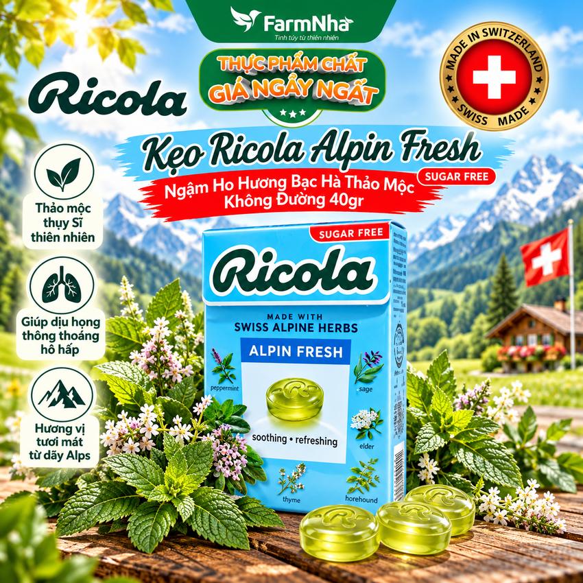 Kẹo Ricola Alpin Fresh Sugar Free 40g Hộp Giấy Không Đường – Mát Lạnh Họng, Thông Cổ Tức Thì
