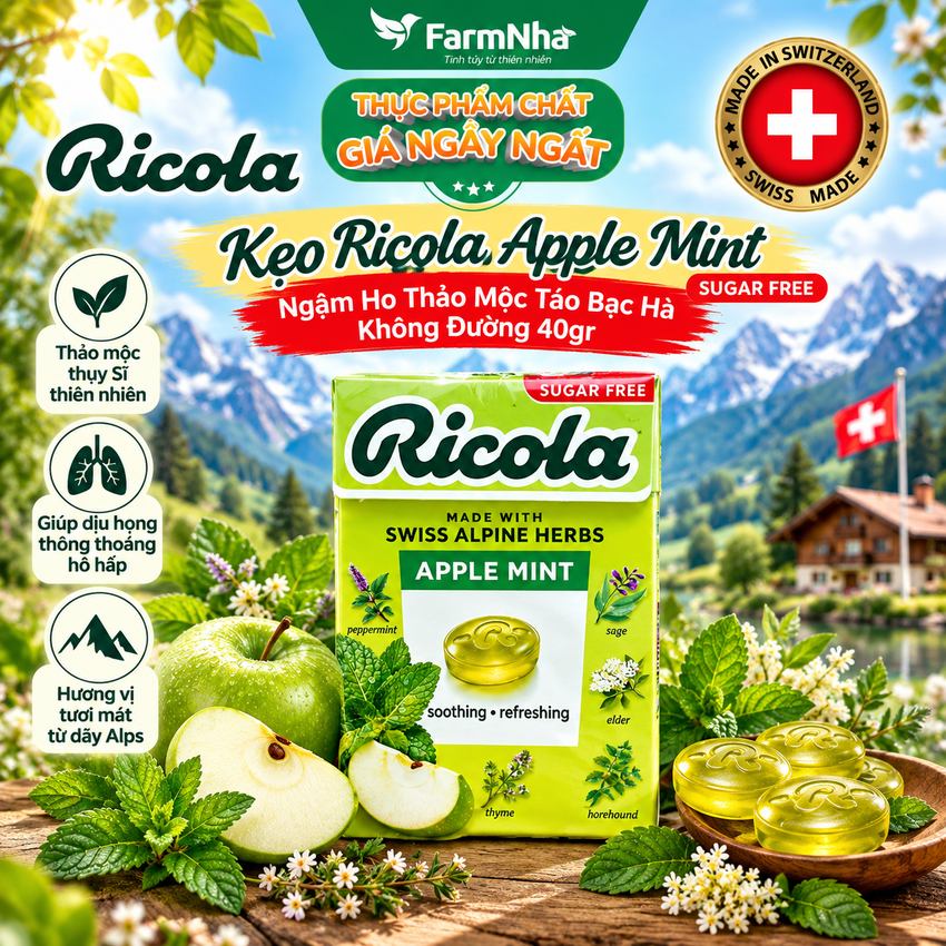Kẹo Ngậm Ho Ricola Apple Mint 40g Sugar Free - Vị Táo Bạc Hà Thảo Mộc Từ Thủy Sĩ