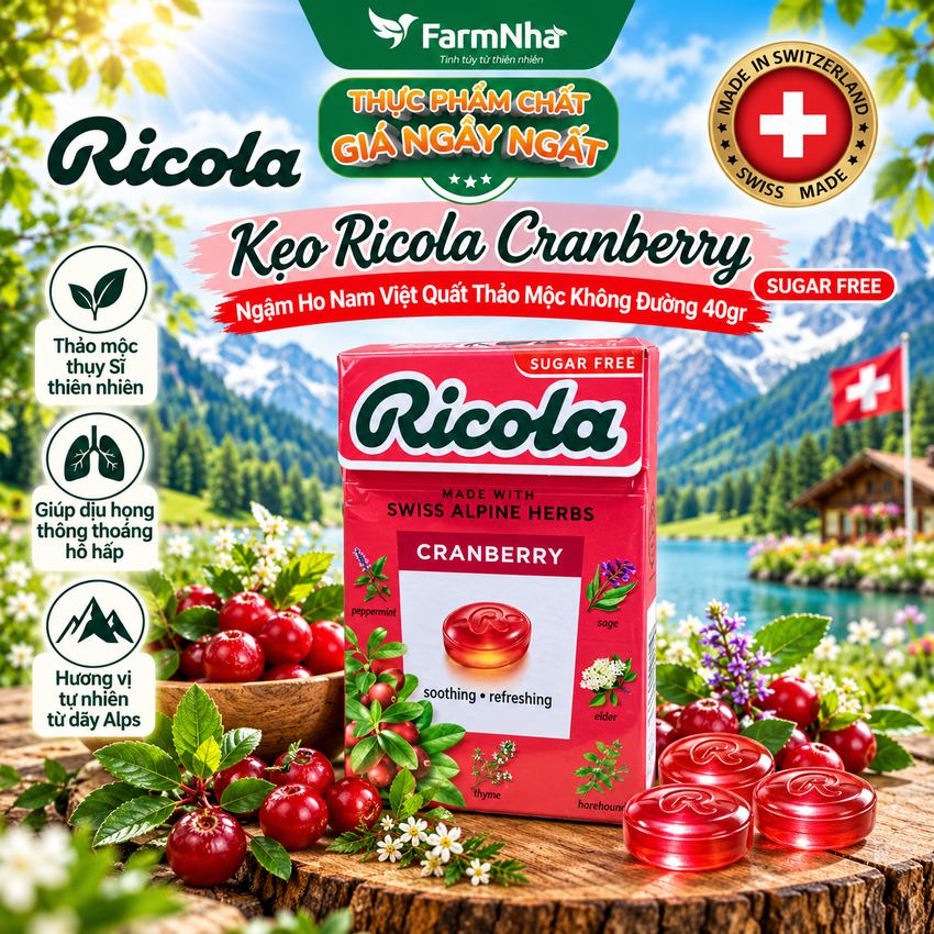 Kẹo Ricola Cranberry Sugar Free 40g Hộp Giấy Không Đường – Quả Nam Việt Quất, Giảm Ho, Mát Họng, Thơm Miệng