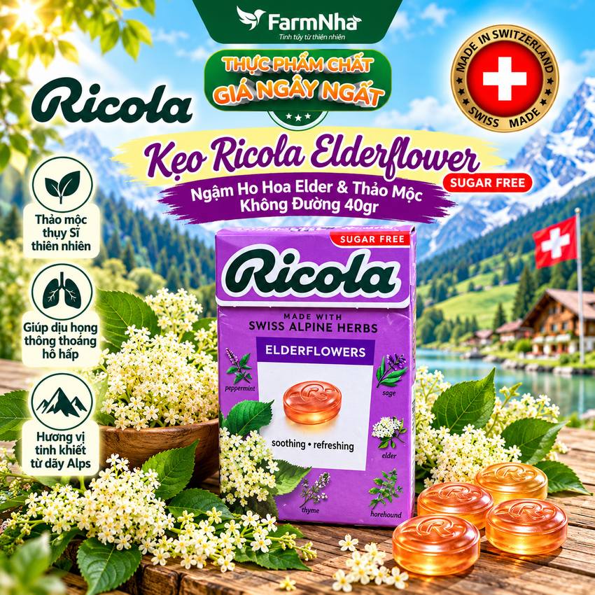 Kẹo Ricola Elderflower Sugar Free 40g Hộp Giấy Không Đường - Hoa Elder Thanh Mát Dịu Họng