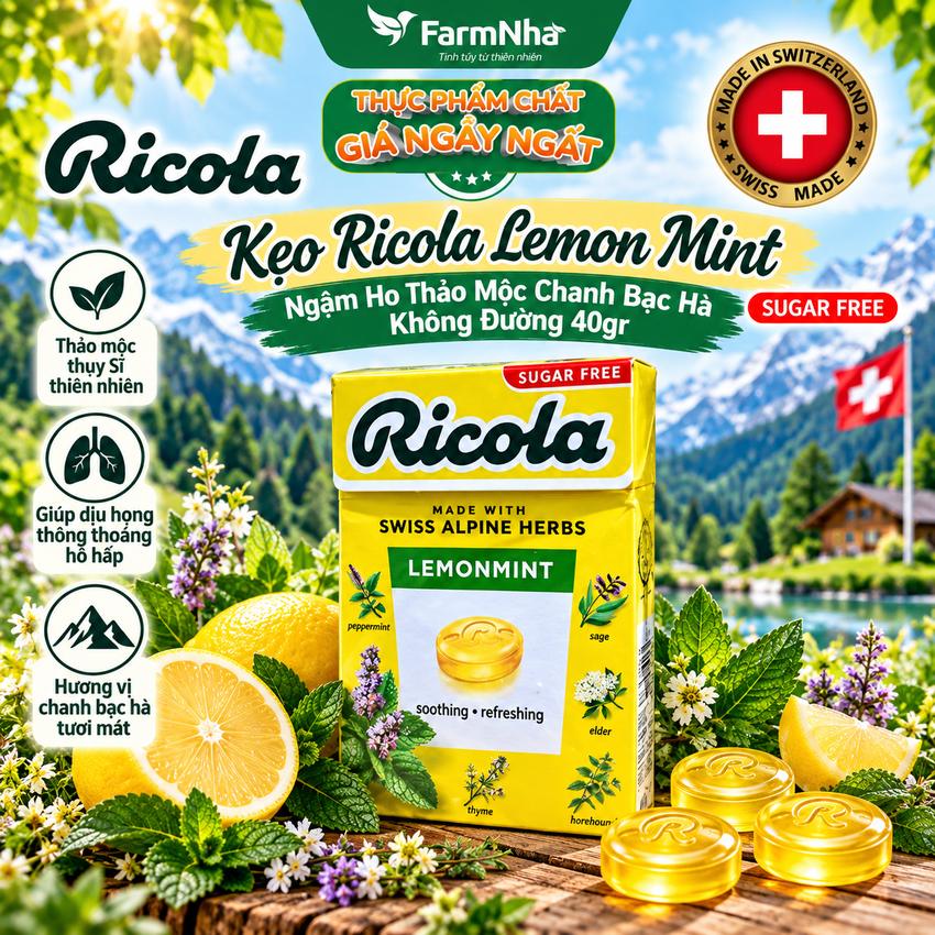 Kẹo Ricola Lemon Mint Sugar Free 40g Hộp Giấy Không Đường – Vị Chanh Bạc Hà, Mát Họng, Giảm Ho Từ Thụy Sĩ
