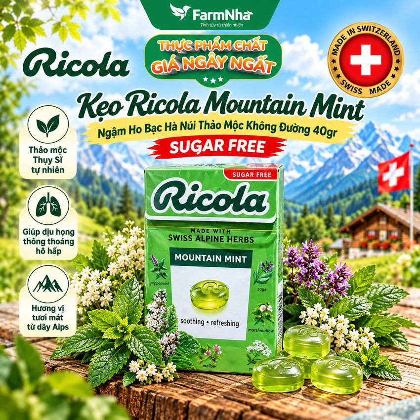 Kẹo Ricola Mountain Mint Sugar Free 40g Hộp Giấy Không Đường – Bạc Hà Núi Giảm Ho Mát Họng