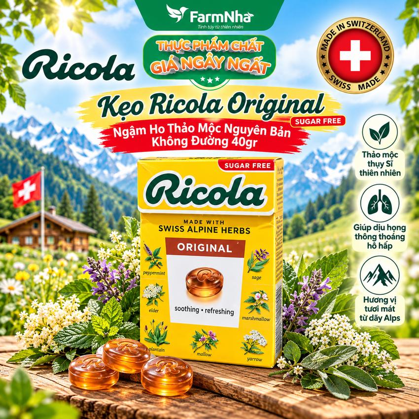 Kẹo Ricola Original Herb Sugar Free 40g Hộp Giấy Không Đường – Dịu Họng, Giảm Ho, Thanh Mát Tự Nhiên