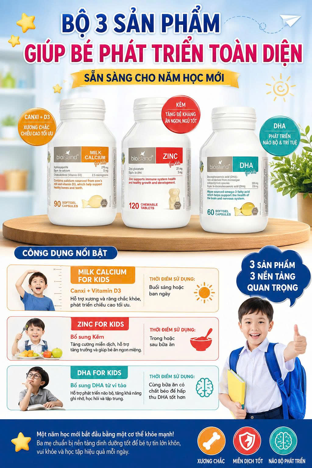 Bé đi học cần bổ sung dưỡng chất gì ? Bộ 3 sản phẩm giúp bé phát triển toàn diện