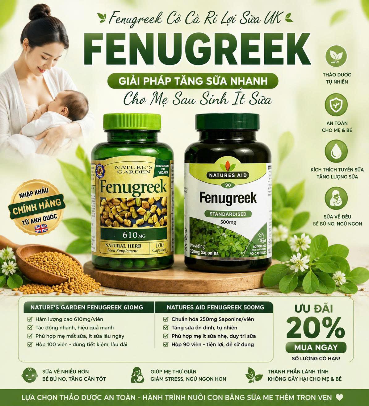 Fenugreek Cỏ Cà Ri Lợi Sữa UK – Giải Pháp Tăng Sữa Nhanh Cho Mẹ Sau Sinh Ít Sữa