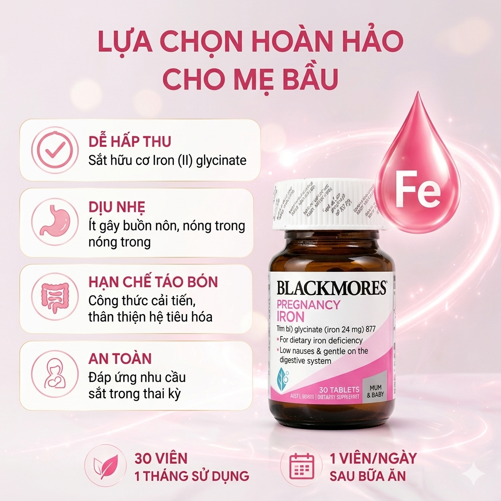 VIÊN UỐNG SẮT BLACKMORES PREGNANCY IRON (30V) CHO MẸ BẦU, SAU SINH, NGƯỜI THIẾU SẮT