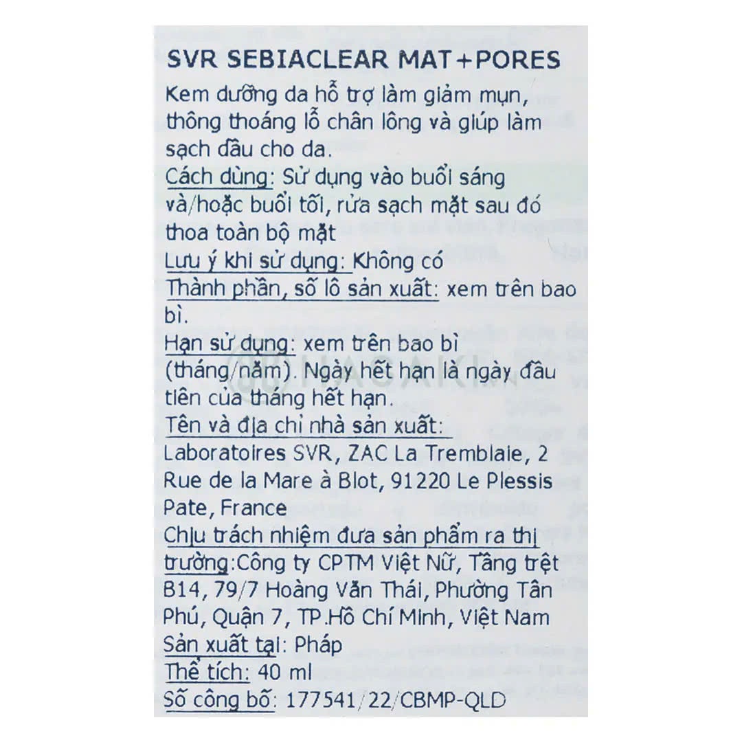 SVR Mat+Pores Sebiarclear Kem dưỡng kiềm dầu, Pháp (40ml)