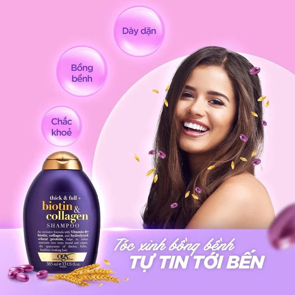 OGX Biotin & Collagen Cặp dầu gội, xả tím phục hồi hư tổn, chống rụng tóc, Mỹ hoăc Úc (2x385ml)