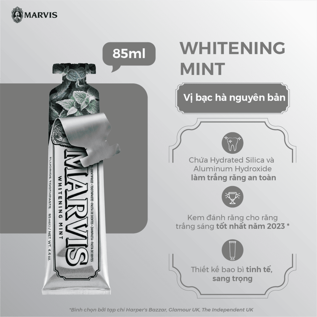 Marvis Whitening Mint toothpaste Kem đánh răng hương bạc hà, Ý (85ml màu trắng bạc)