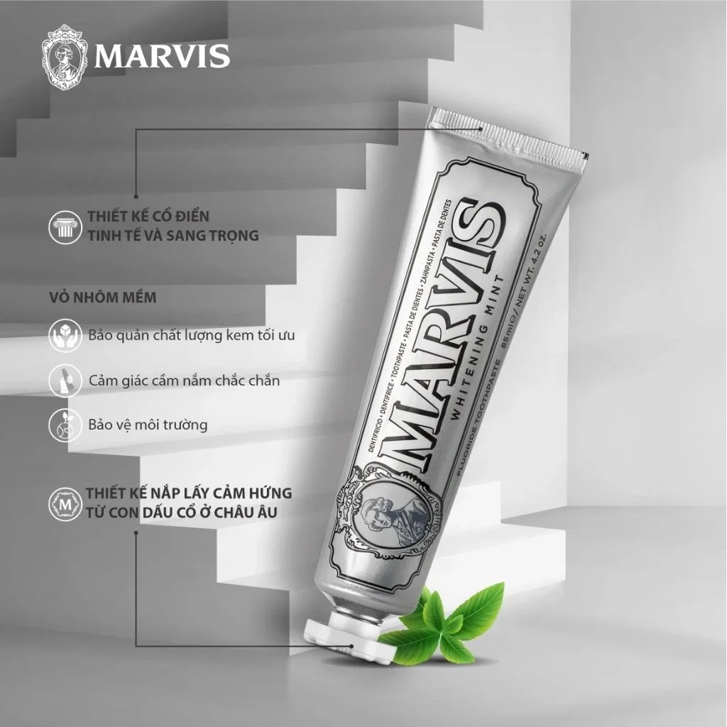 Marvis Whitening Mint toothpaste Kem đánh răng hương bạc hà, Ý (85ml màu trắng bạc)