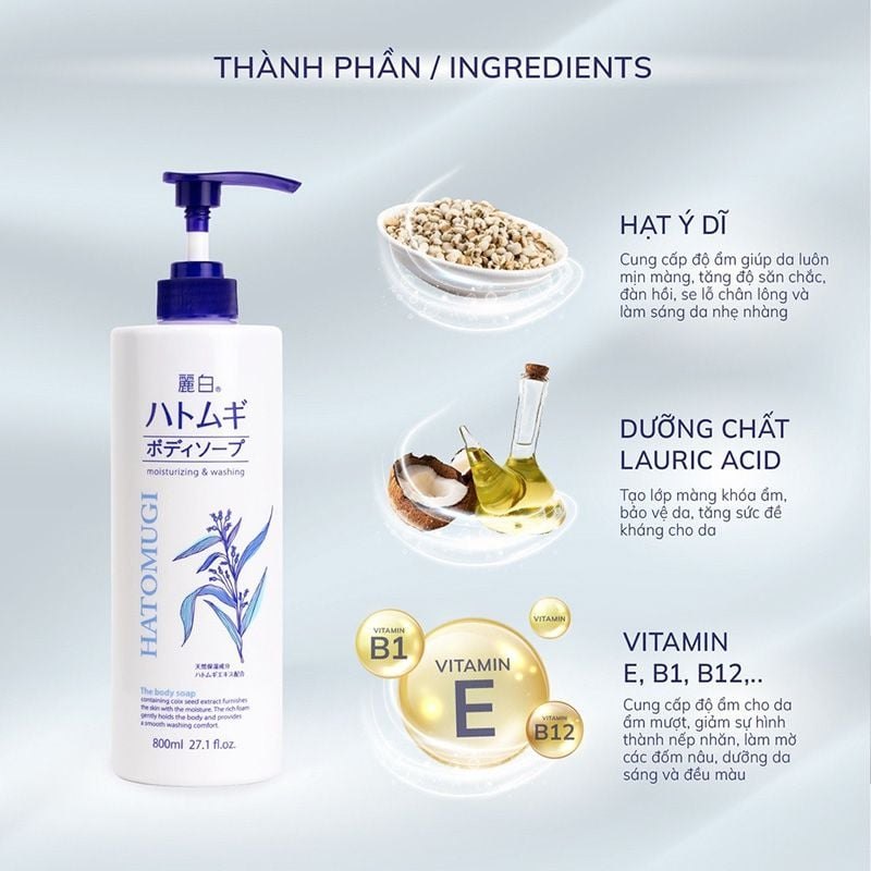 Hatomugi Moisturizing & Washing sữa tắm trắng da ý dĩ màu trắng, Nhật bản (800ml)