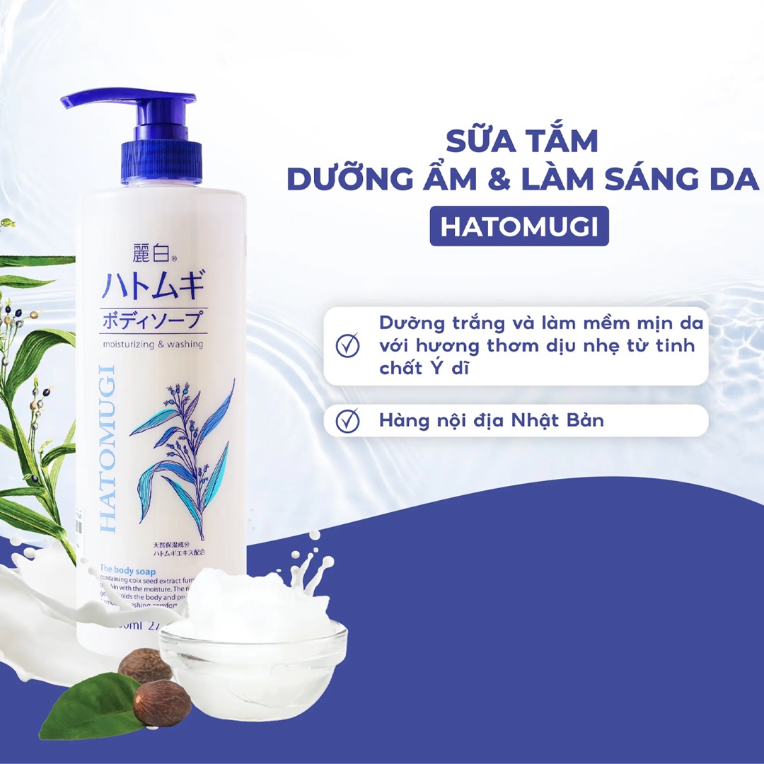 Hatomugi Moisturizing & Washing sữa tắm trắng da ý dĩ màu trắng, Nhật bản (800ml)