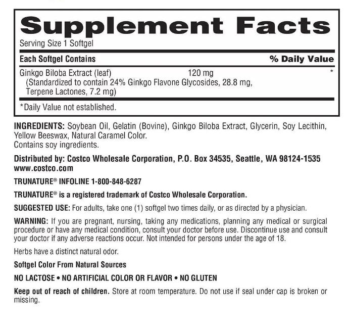 Trunature Ginkgo Biloba 120mg Viên uống bổ não, Mỹ (340v)