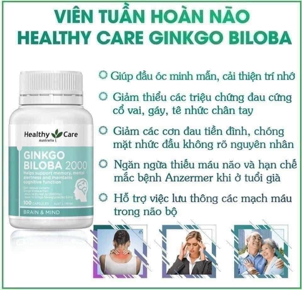 Healthy Care Ginkgo Biloba 2000mg Bổ não bạch quả Úc (100v)