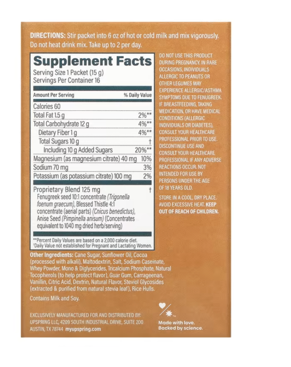 Lợi sữa UpSpring Milkflow Supplement Drink dạng ngũ cốc vị Chocolate 270g Mỹ (8 gói)