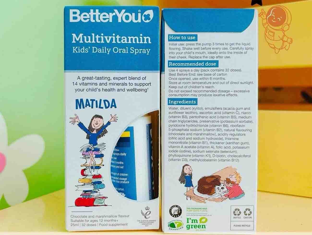 BetterYou Multivitamin Kids' Daily Oral Spray Vitamin tổng hợp dạng xịt từ 13 tuổi , UK (25ml)