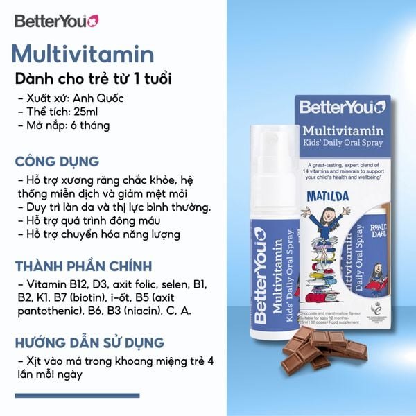 BetterYou Multivitamin Kids' Daily Oral Spray Vitamin tổng hợp dạng xịt từ 13 tuổi , UK (25ml)