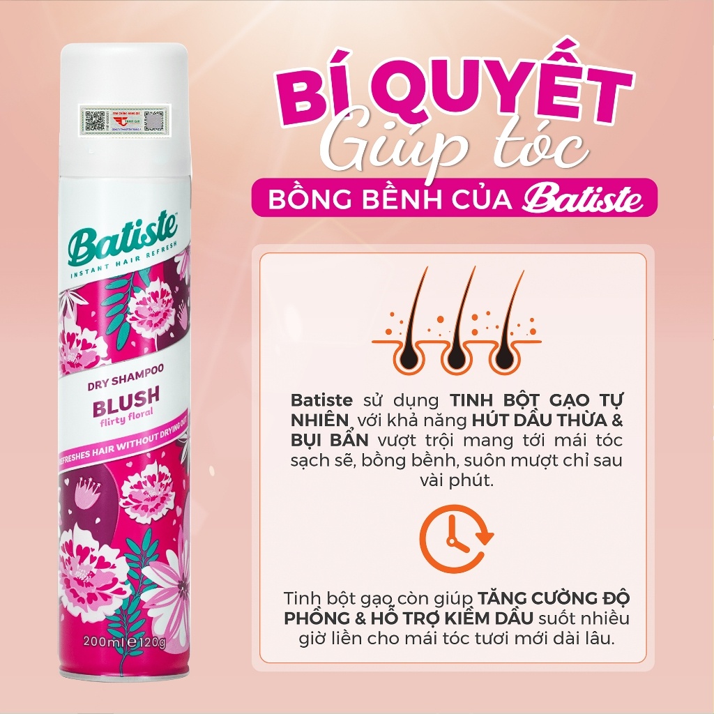 Batiste Dry Shampoo Dầu gội đầu khô Blush UK (200ml)