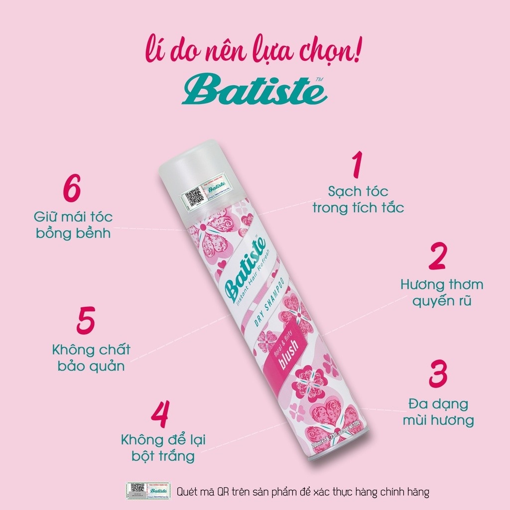 Batiste Dry Shampoo Dầu gội đầu khô Blush UK (200ml)