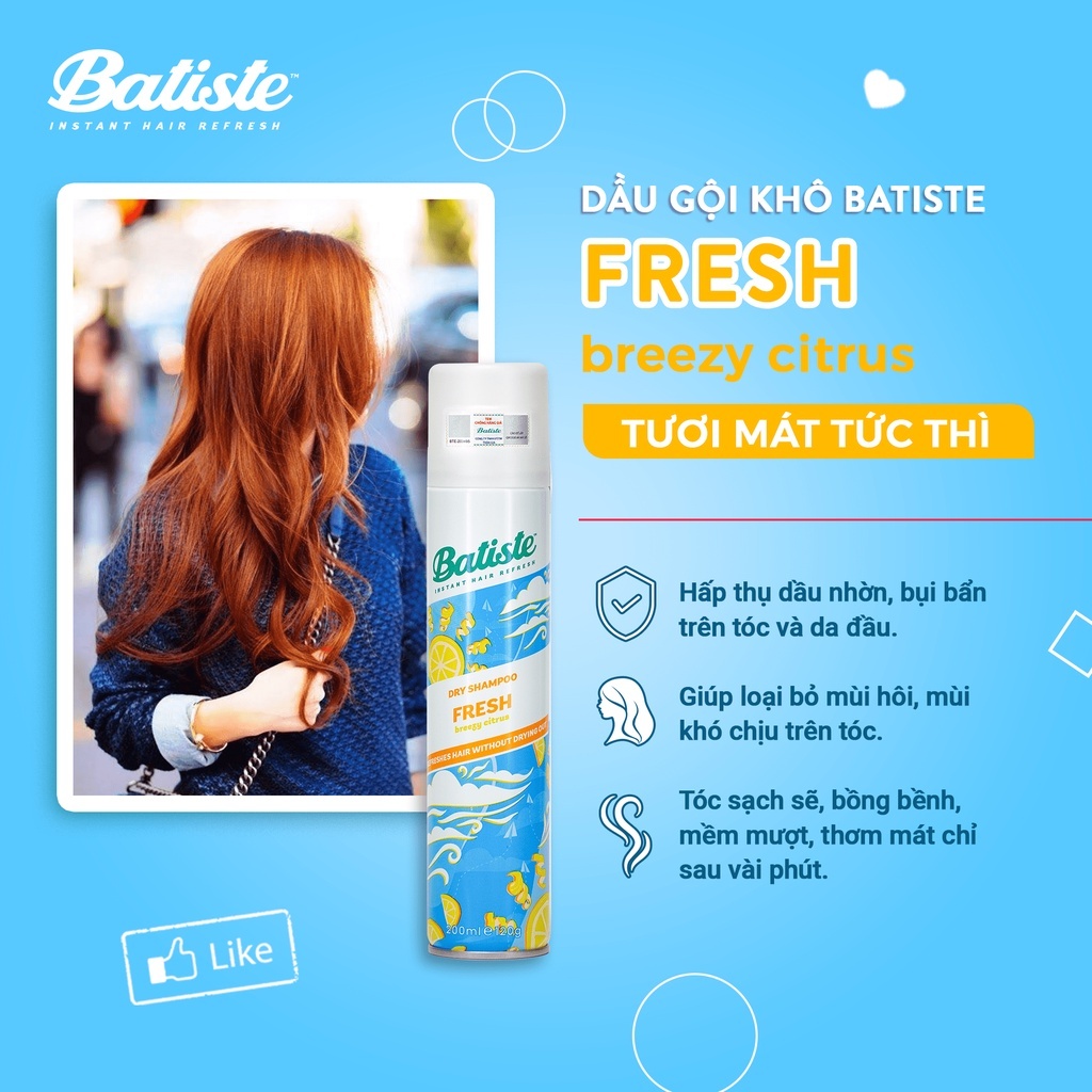 Batiste Dry Shampoo Dầu gội đầu khô Fresh UK (200ml)