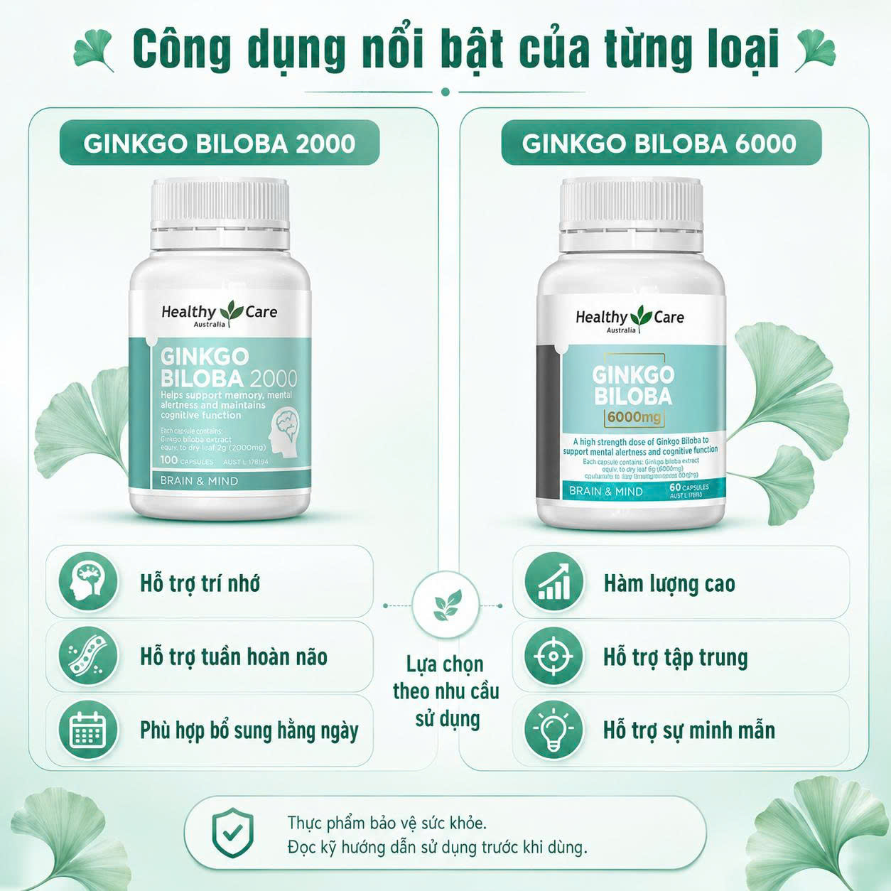 Healthy Care Ginkgo Biloba 6000mg Bổ não bạch quả Úc (60v)