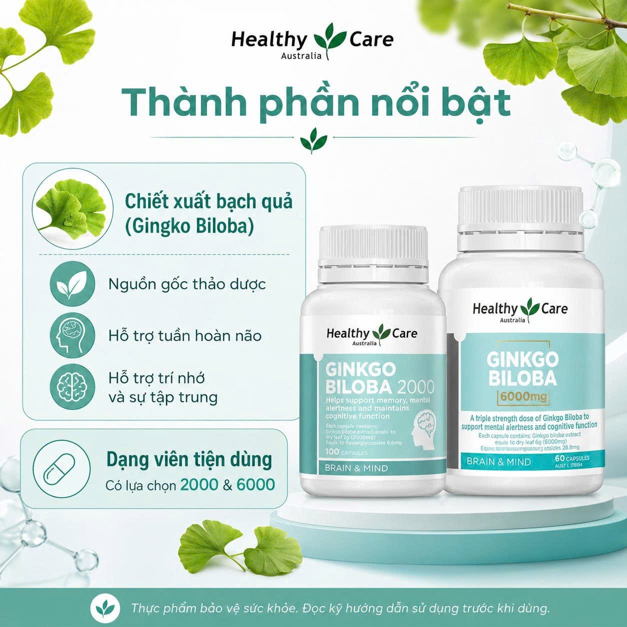Healthy Care Ginkgo Biloba 6000mg Bổ não bạch quả Úc (60v)