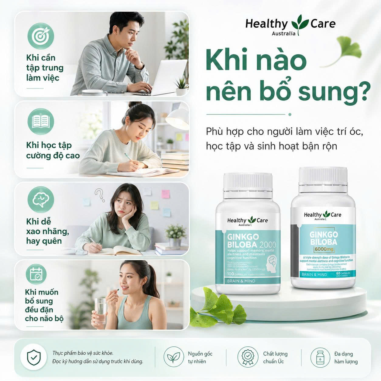 Healthy Care Ginkgo Biloba 6000mg Bổ não bạch quả Úc (60v)