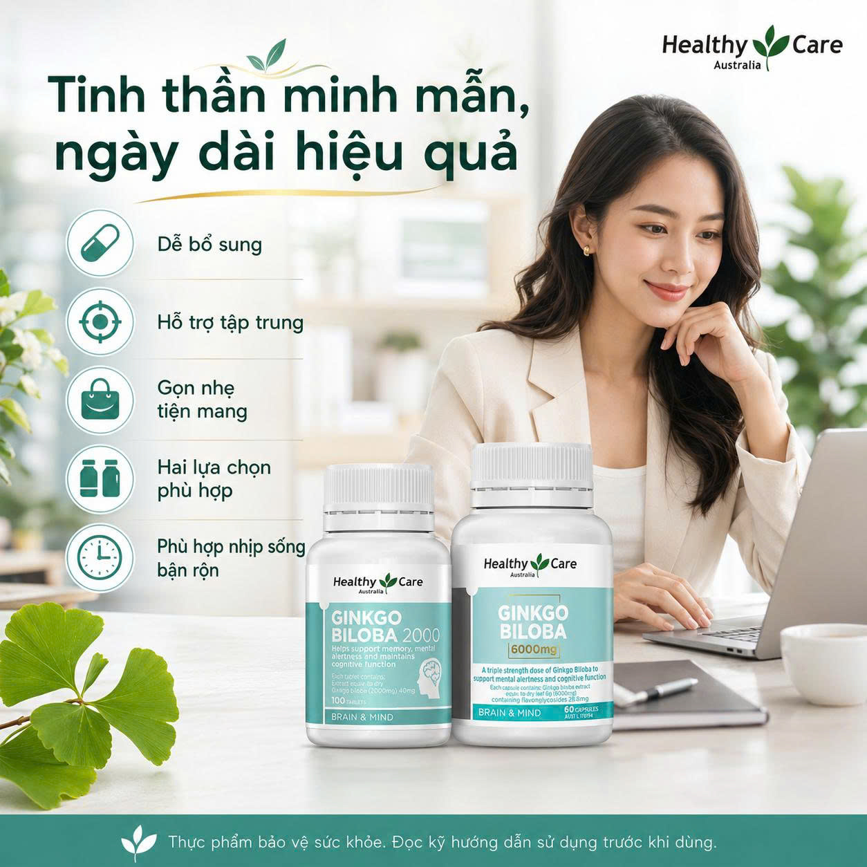 Healthy Care Ginkgo Biloba 6000mg Bổ não bạch quả Úc (60v)