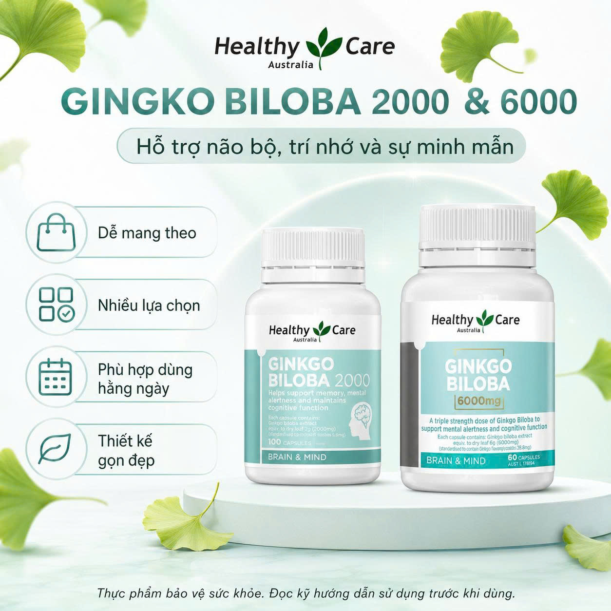 Healthy Care Ginkgo Biloba 6000mg Bổ não bạch quả Úc (60v)