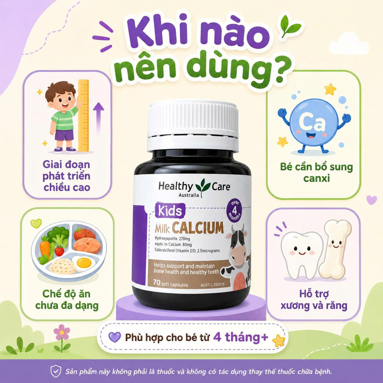 Healthy Care Kids Milk Calcium Canxi sữa cho bé Úc (60v)