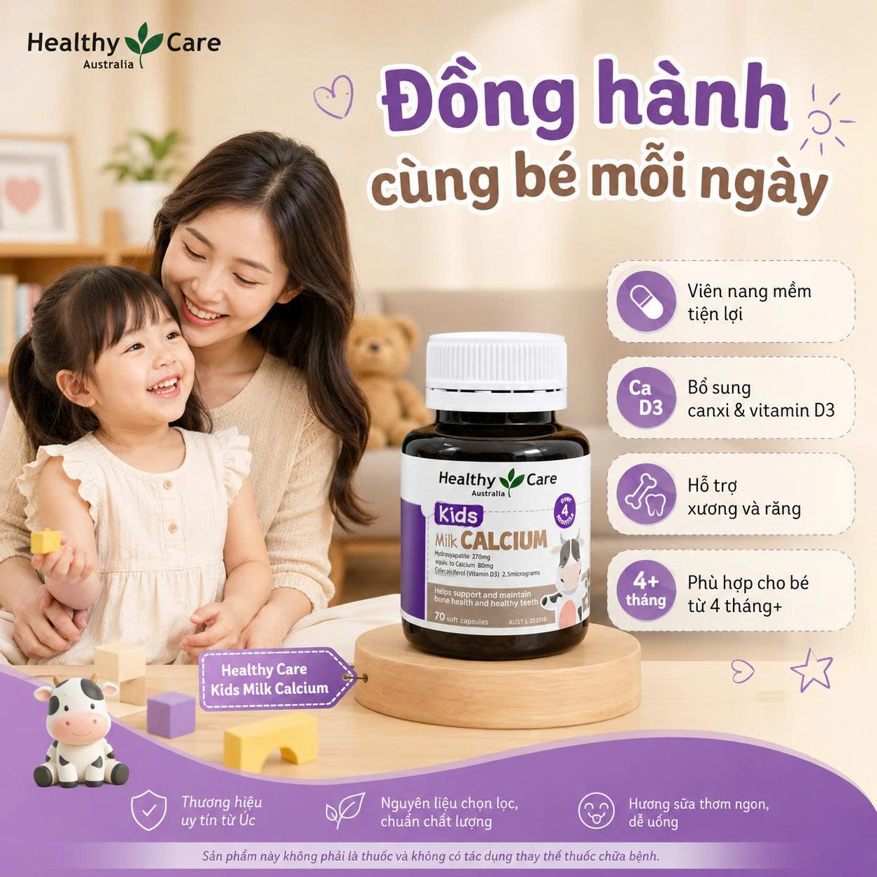 Healthy Care Kids Milk Calcium Canxi sữa cho bé Úc (60v)