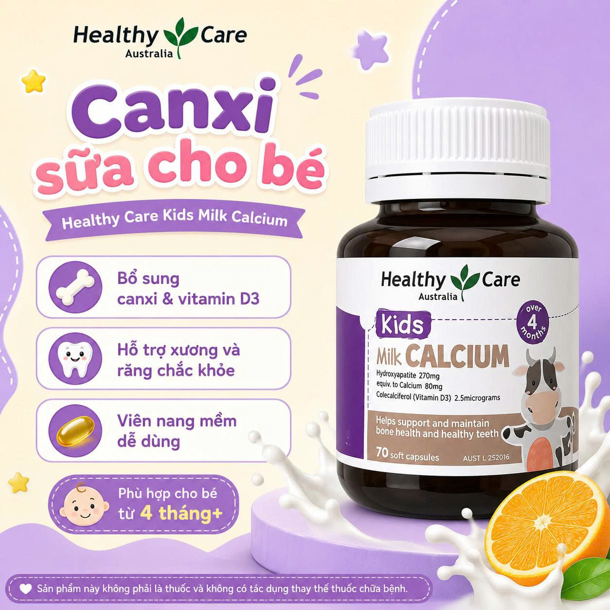 Healthy Care Kids Milk Calcium Canxi sữa cho bé Úc (60v)