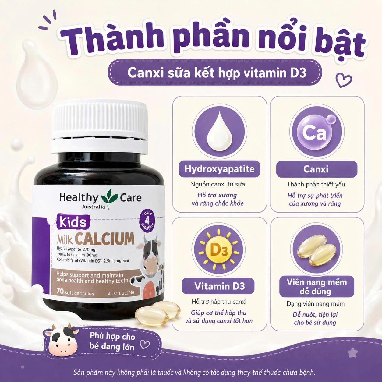 Healthy Care Kids Milk Calcium Canxi sữa cho bé Úc (60v)