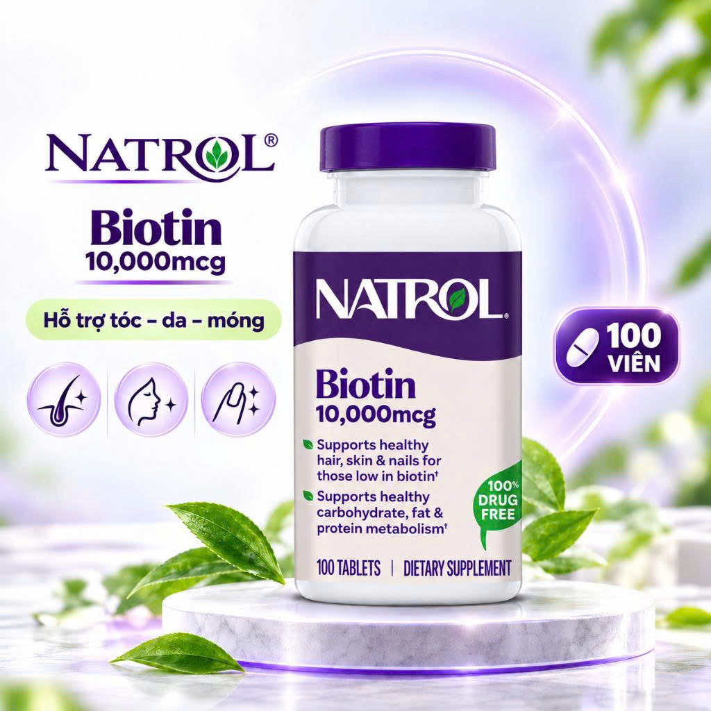 Natrol Biotin Maximum Strength 10000mcg Hỗ trợ mọc tóc Mỹ (100v)