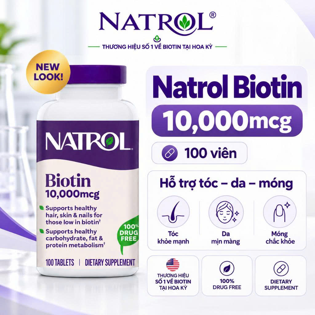 Natrol Biotin Maximum Strength 10000mcg Hỗ trợ mọc tóc Mỹ (100v)