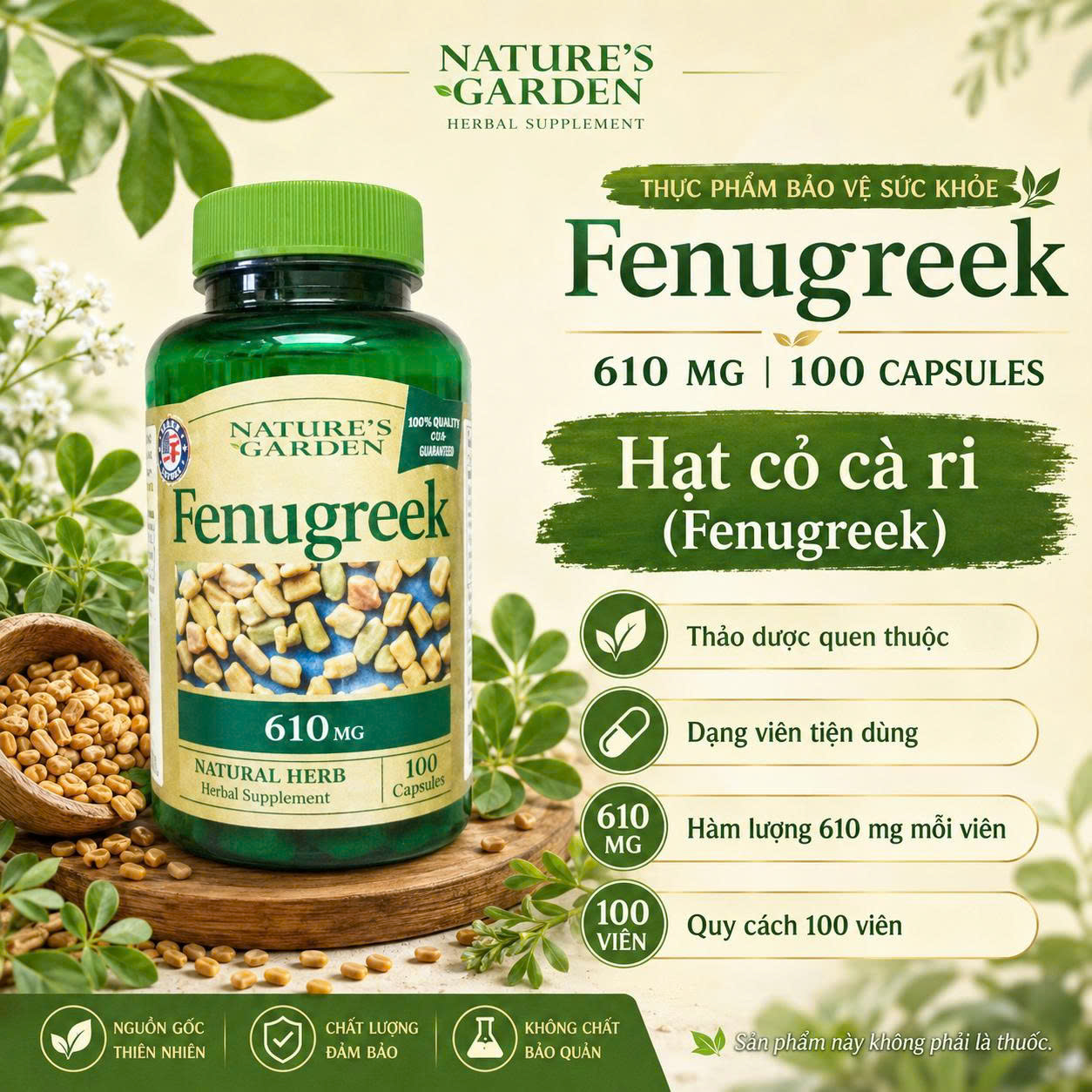 Nature's Garden Fenugreek Cỏ cà ri lợi sữa 610mg UK (100v)