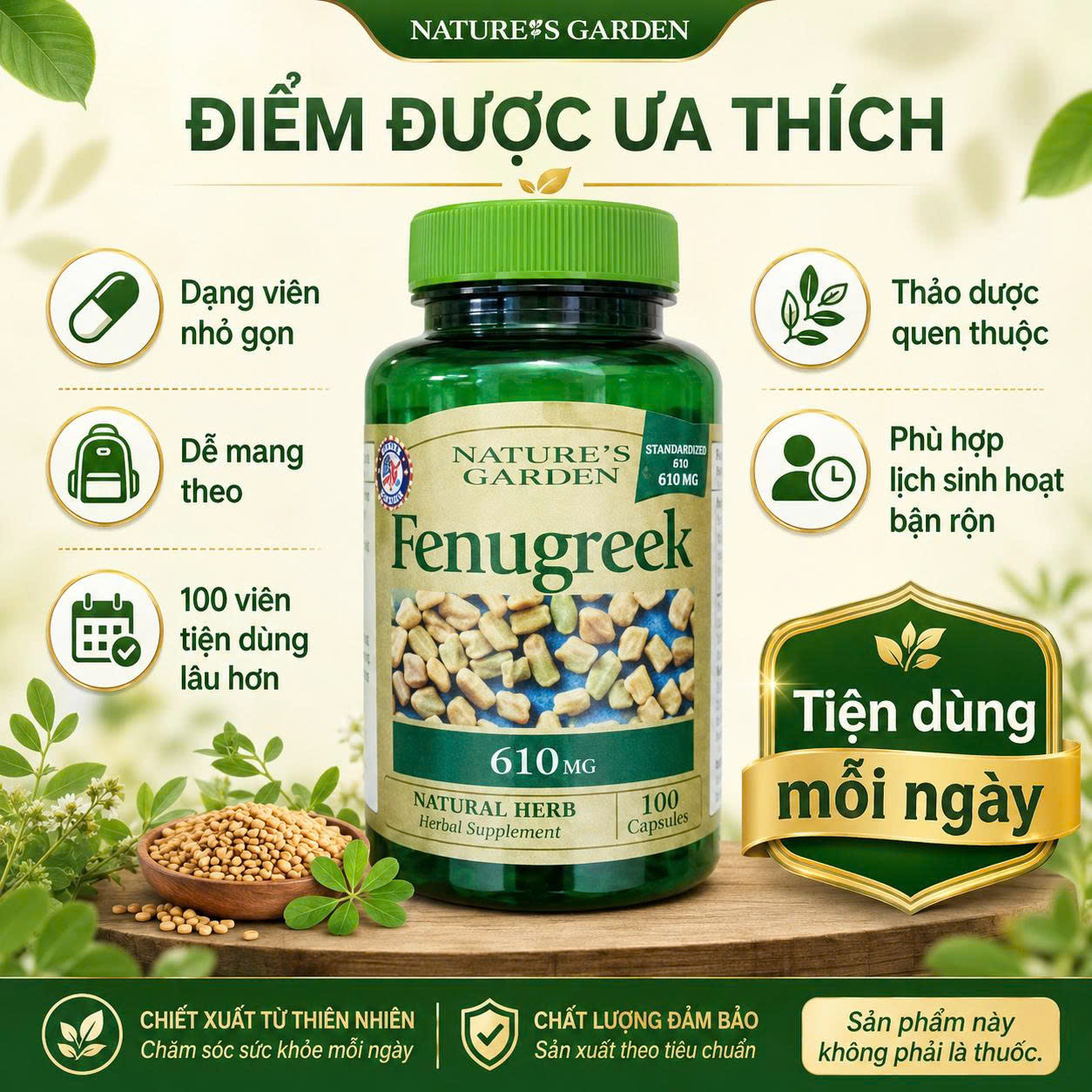 Nature's Garden Fenugreek Cỏ cà ri lợi sữa 610mg UK (100v)