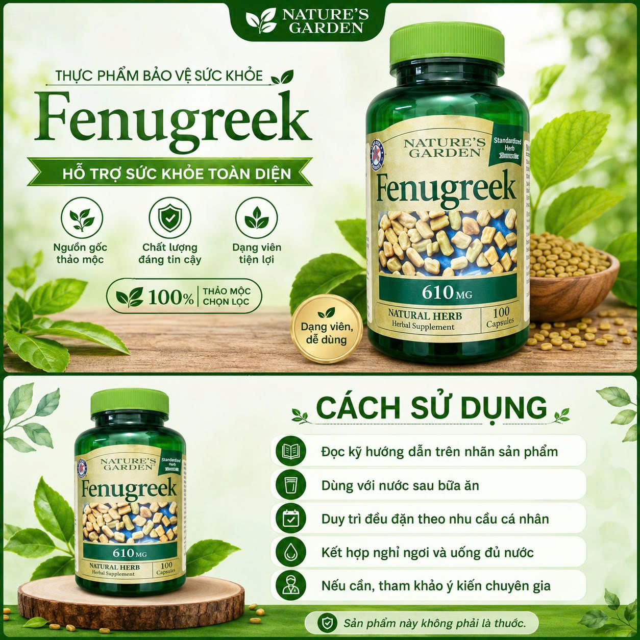 Nature's Garden Fenugreek Cỏ cà ri lợi sữa 610mg UK (100v)