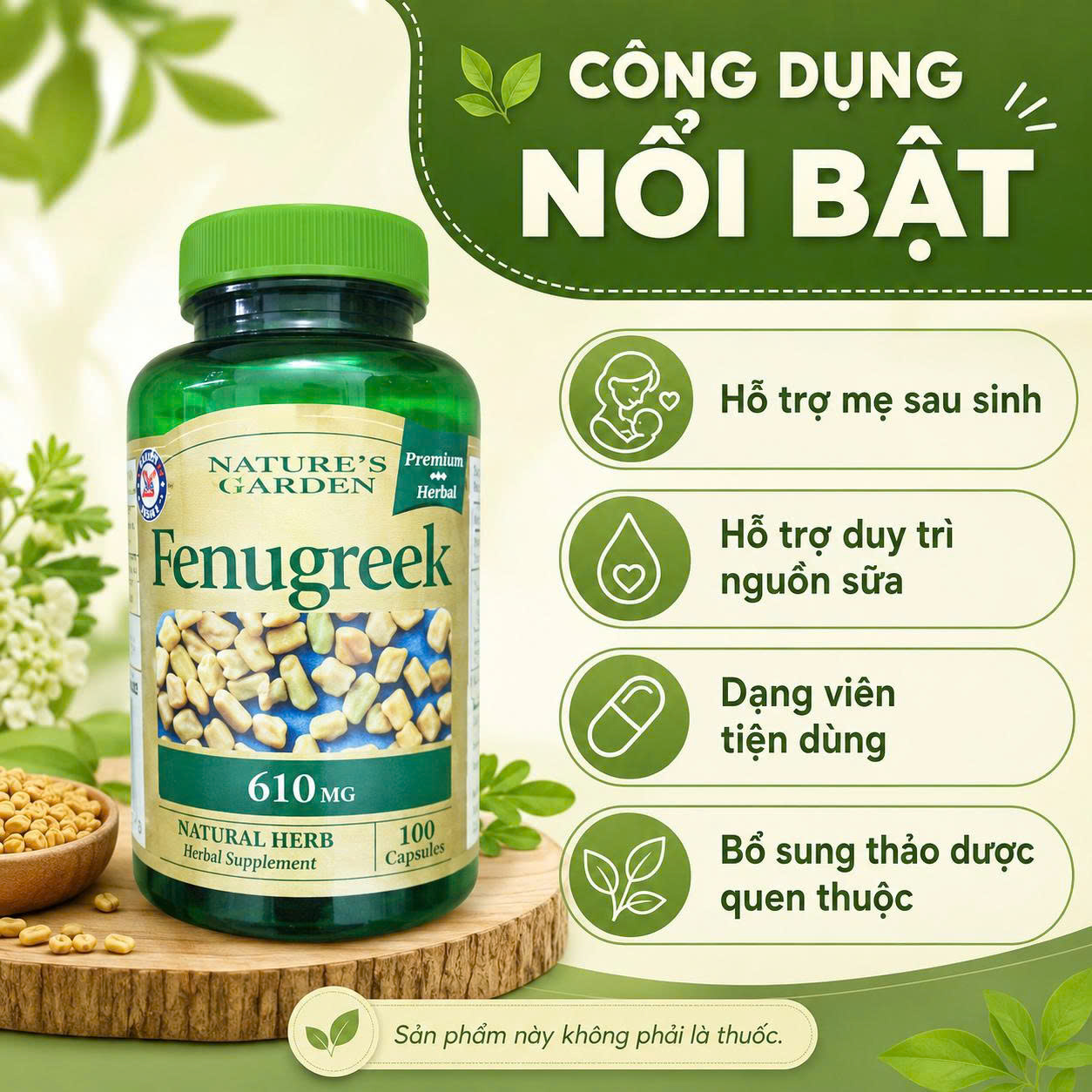 Nature's Garden Fenugreek Cỏ cà ri lợi sữa 610mg UK (100v)