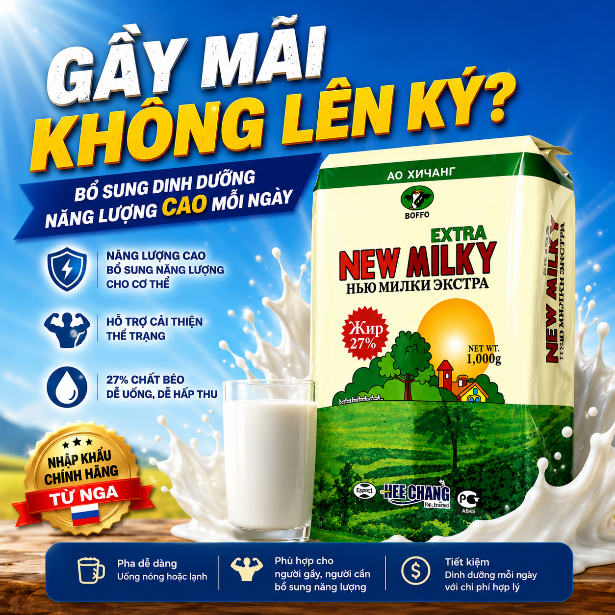 New Milky Extra Sữa tươi béo tăng cân dạng bột Nga(1kg)