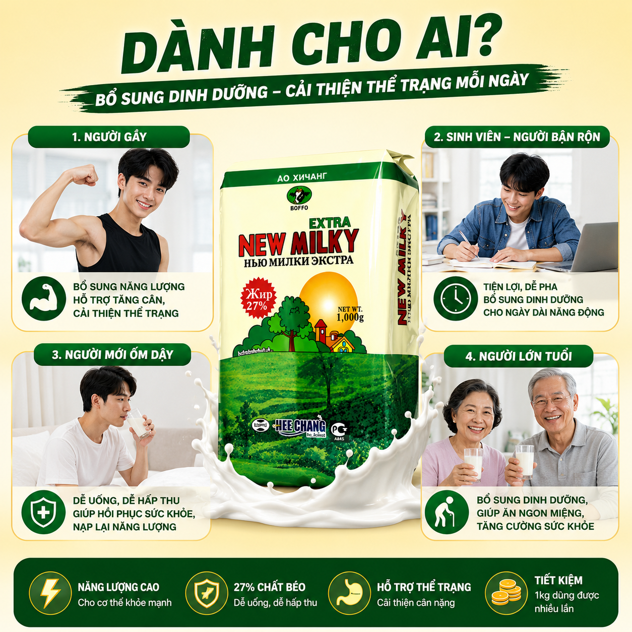 New Milky Extra Sữa tươi béo tăng cân dạng bột Nga(1kg)