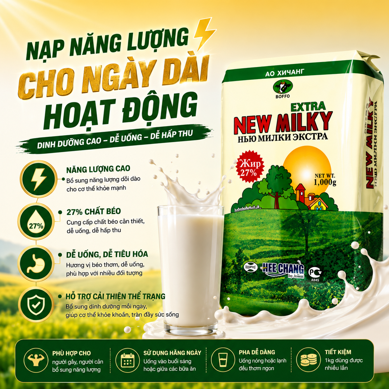 New Milky Extra Sữa tươi béo tăng cân dạng bột Nga(1kg)