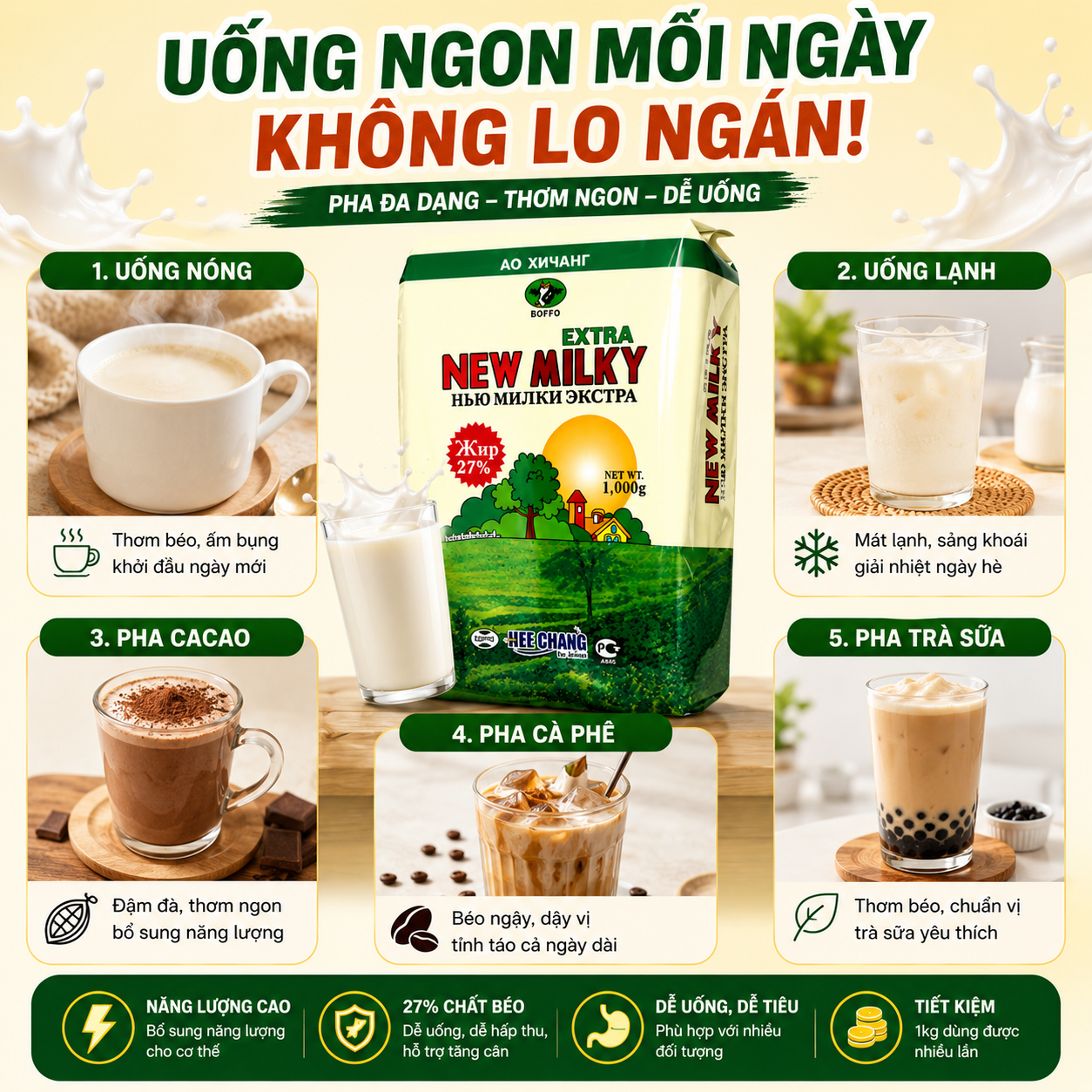 New Milky Extra Sữa tươi béo tăng cân dạng bột Nga(1kg)