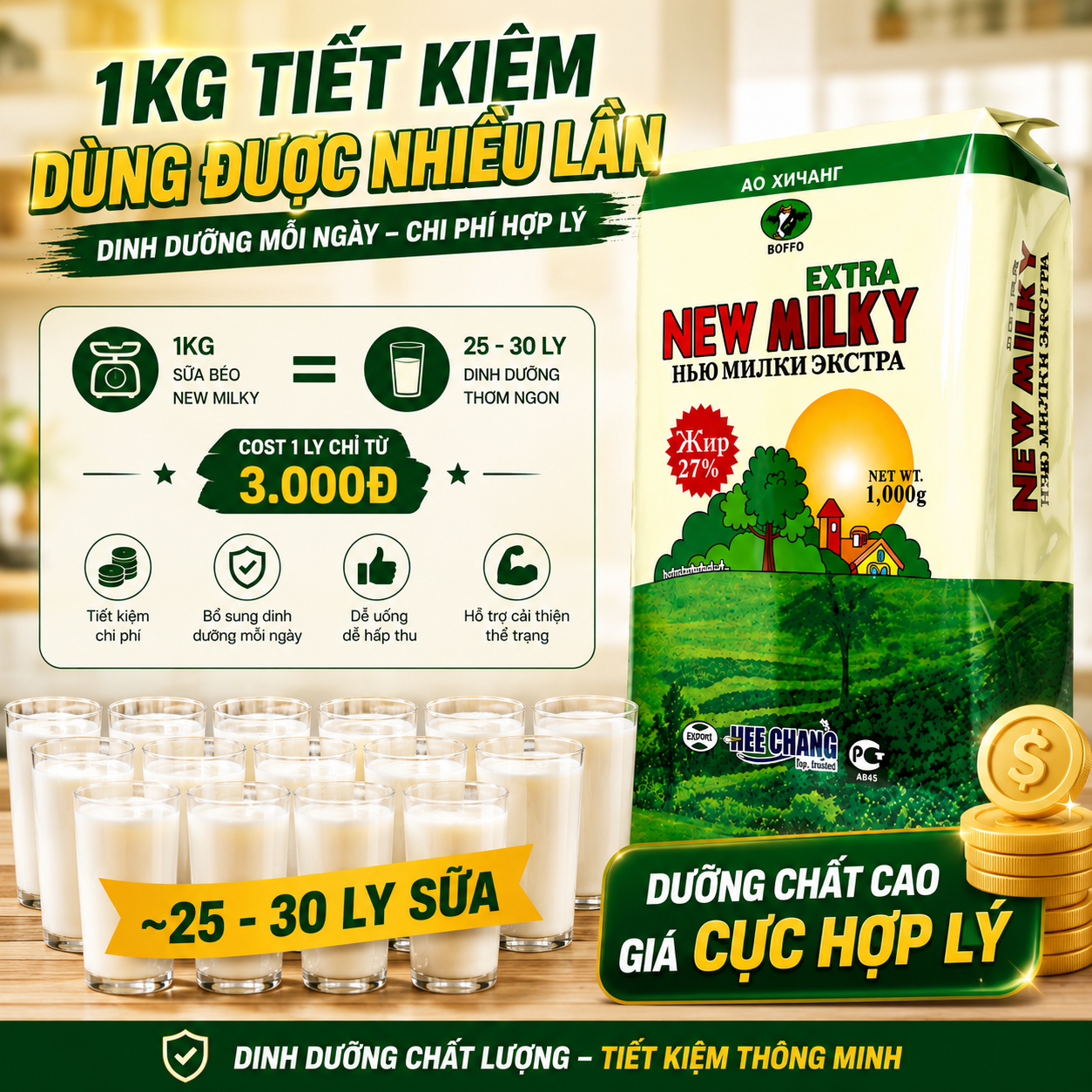 New Milky Extra Sữa tươi béo tăng cân dạng bột Nga(1kg)
