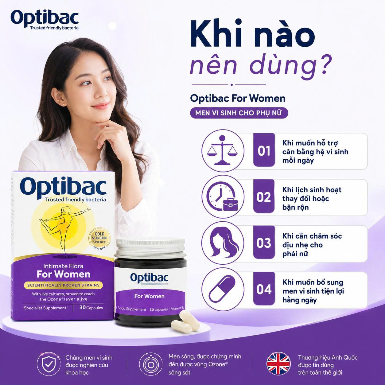 Optibac for women Men vi sinh tím phụ khoa nữ UK (90v)