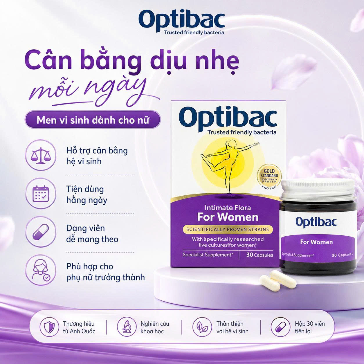 Optibac for women Men vi sinh tím phụ khoa nữ UK (90v tem)