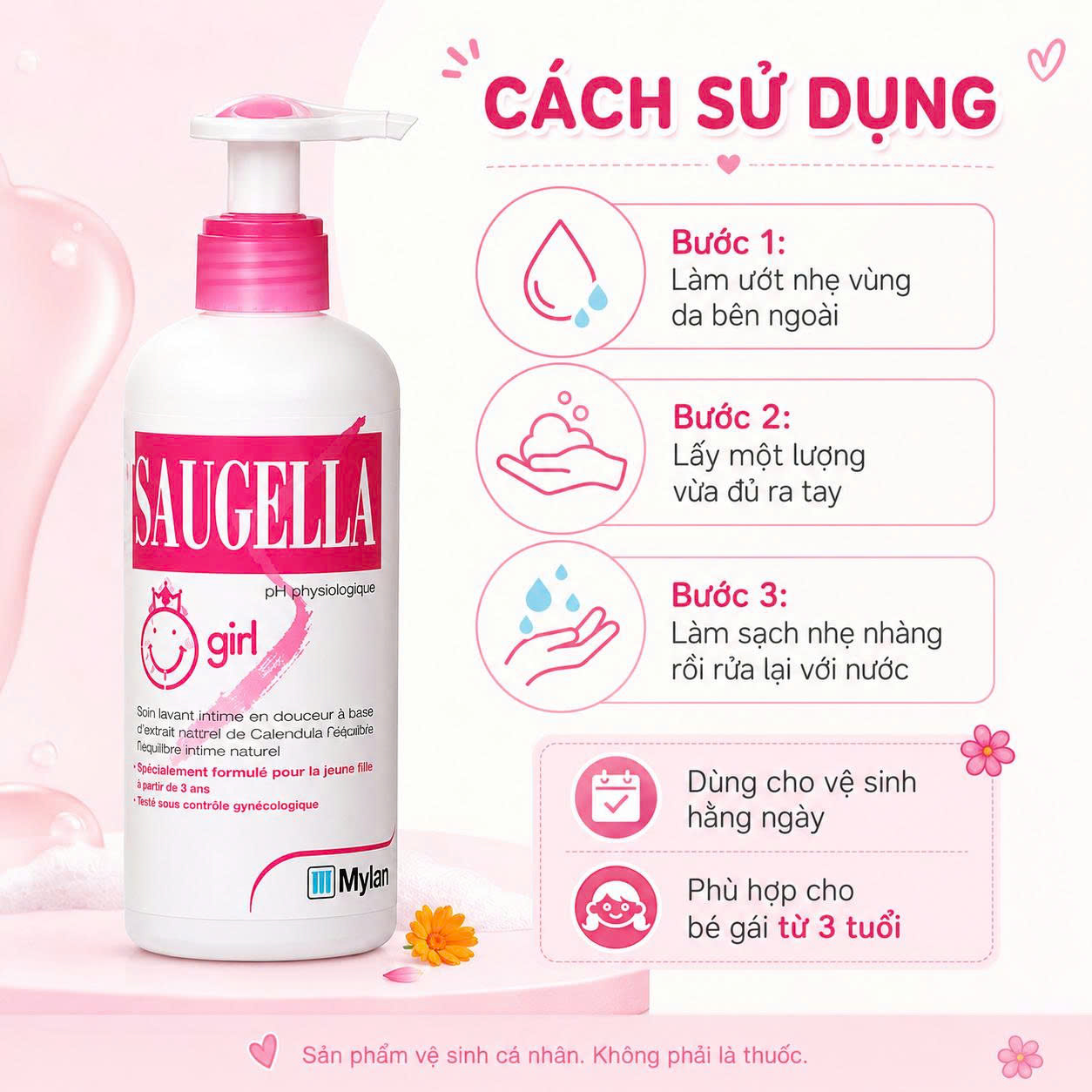 Saugella Dung dịch vệ sinh bé gái 3-12 tuổi Pháp (200ml)