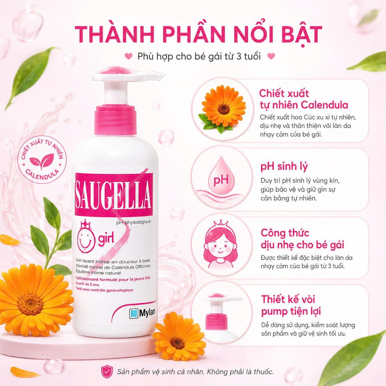 Saugella Dung dịch vệ sinh bé gái 3-12 tuổi Pháp (200ml)
