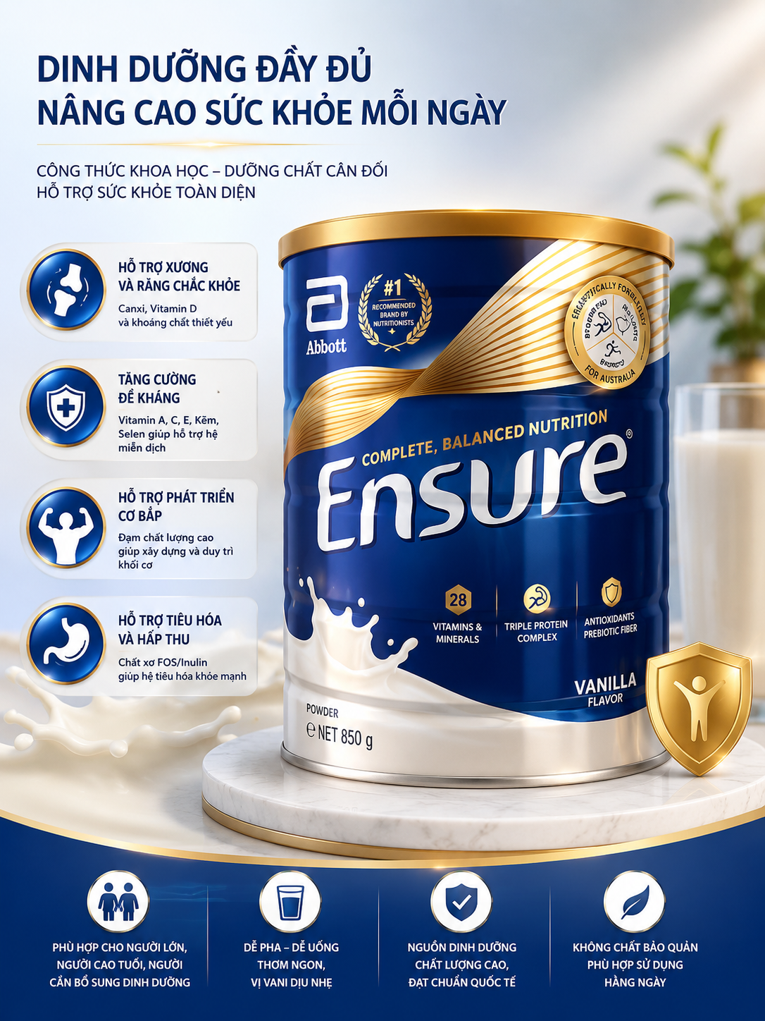 Sữa Abbott Ensure Powder Vanilla Sữa loại bột cho người lớn Úc (850g)